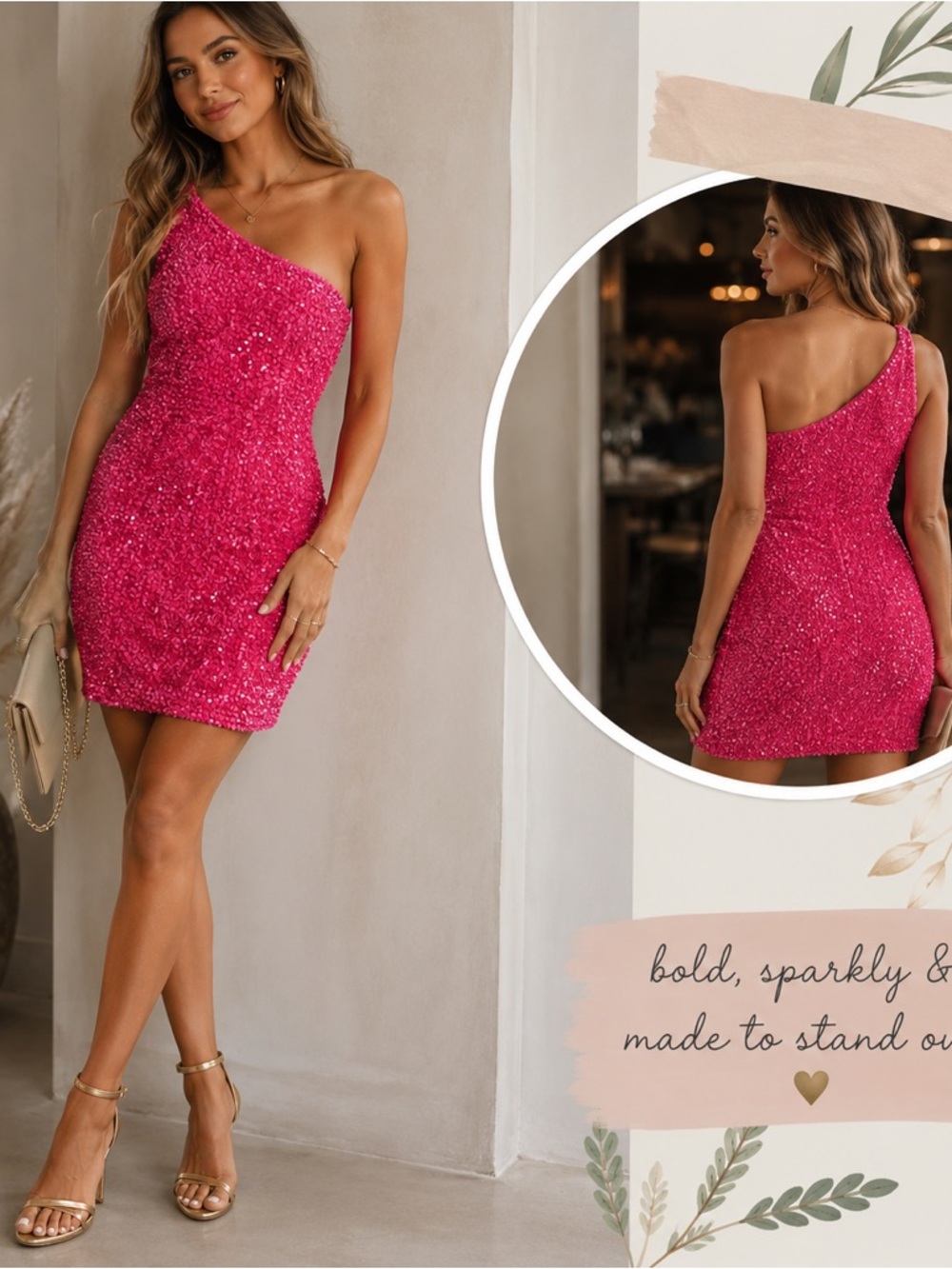 One-Shoulder Fuchsia Sequin Mini Dress